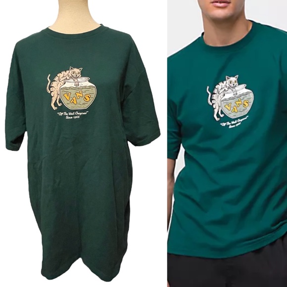 Vans Gone Fishin Green Tshirt Cat Fishbowl XL EUC - Picture 1 of 10